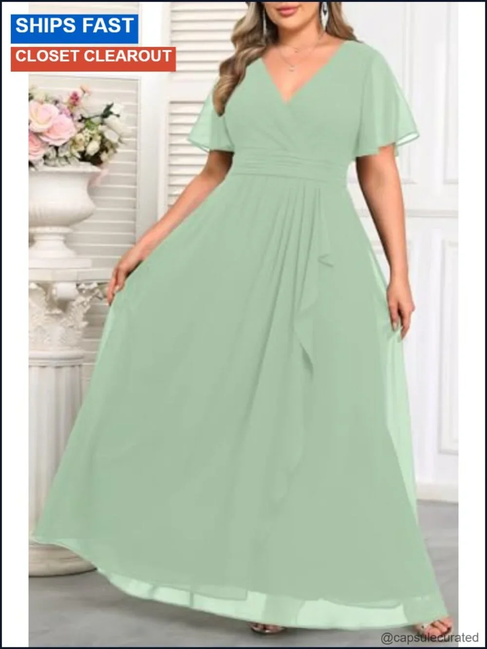 Plus Size Chiffon V Neck Ruffle Long Formal Dress Wedding Guest